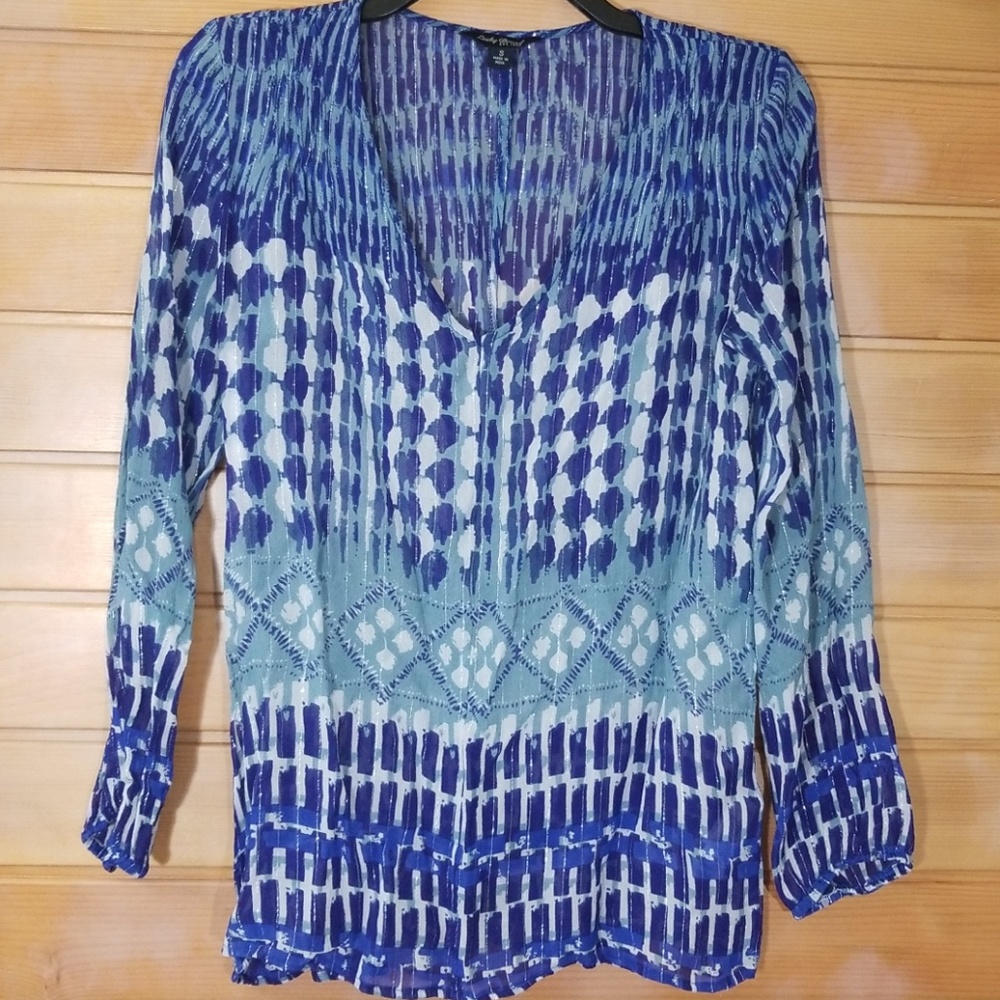 Sheer V-Neck Printed Women's Top - Blue & Teal